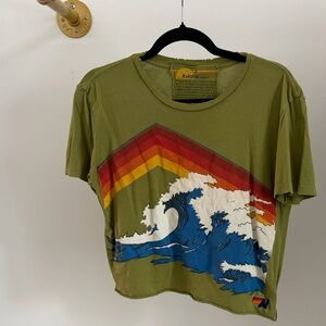Super Rare Aviator Nation Olive Green Tee with Vibrant Wave Graphic SM